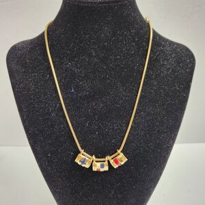 Vintage  Citation Gold Tone Three Pendants Red Blue Cross Necklace NEW
